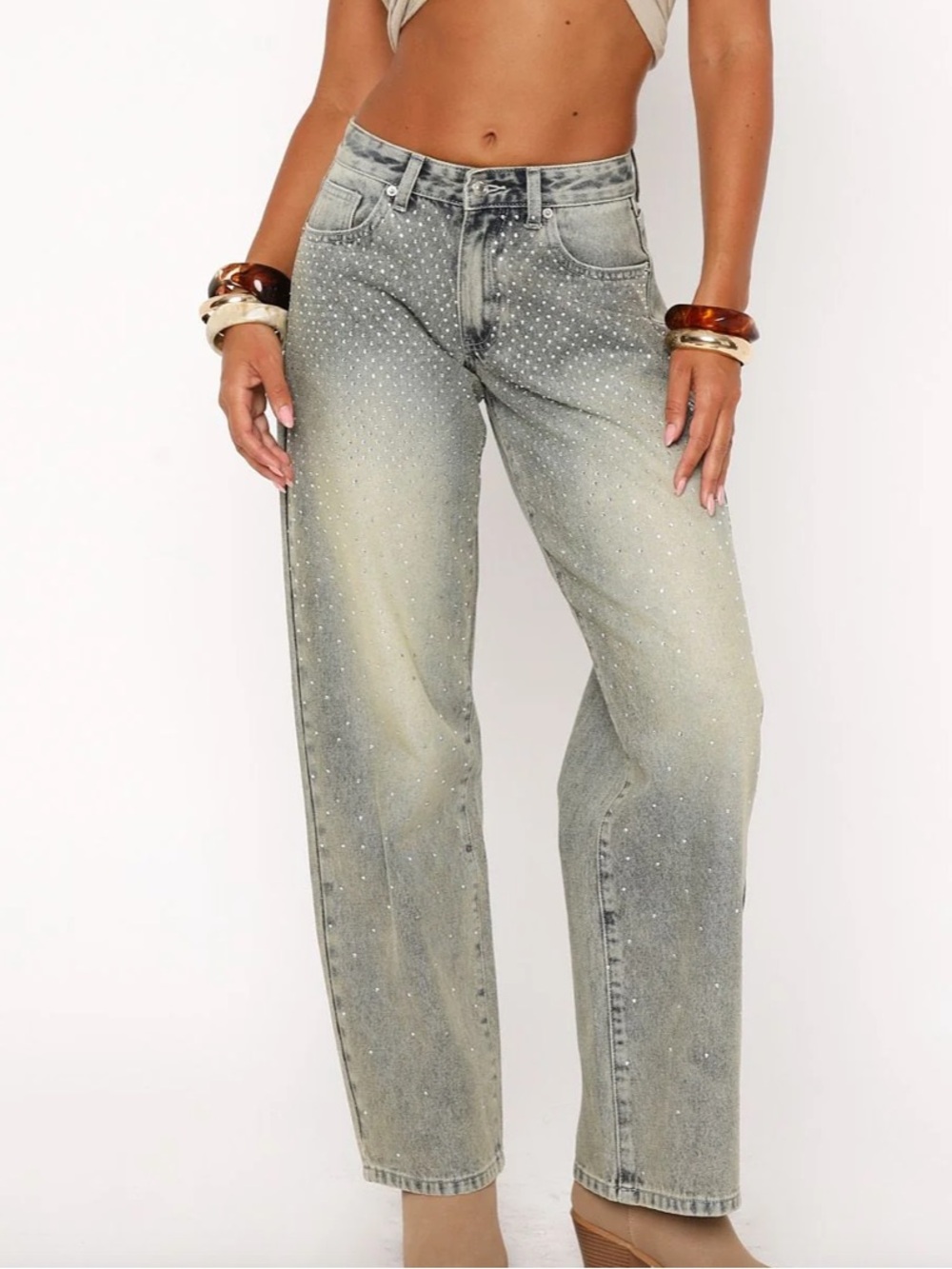 White Fox Boutique Light Acid Wash Rhinestone Straight Jeans